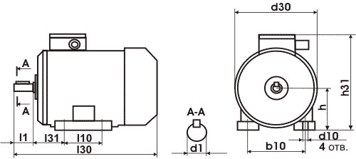 Габаритный чертеж электродвигателя серии АИР исп. 1081 (на лапах)