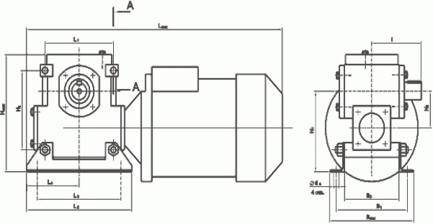 Габаритные и присоединительные размеры мотор-редуктора червячного одноступенчатого